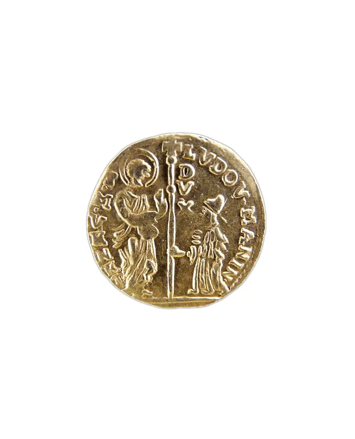 Riproduzione di una moneta antica veneziana realizzata dal Comitato per la celebrazione delle Pasque Veronesi, raffigurante San Marco e il Doge inginocchiato, simbolo della Serenissima Repubblica di Venezia.