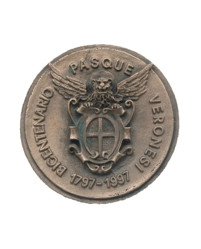 Medaglione commemorativo del Bicentenario delle Pasque Veronesi (1797–1997) con il Leone di San Marco alato e lo stemma di Verona.